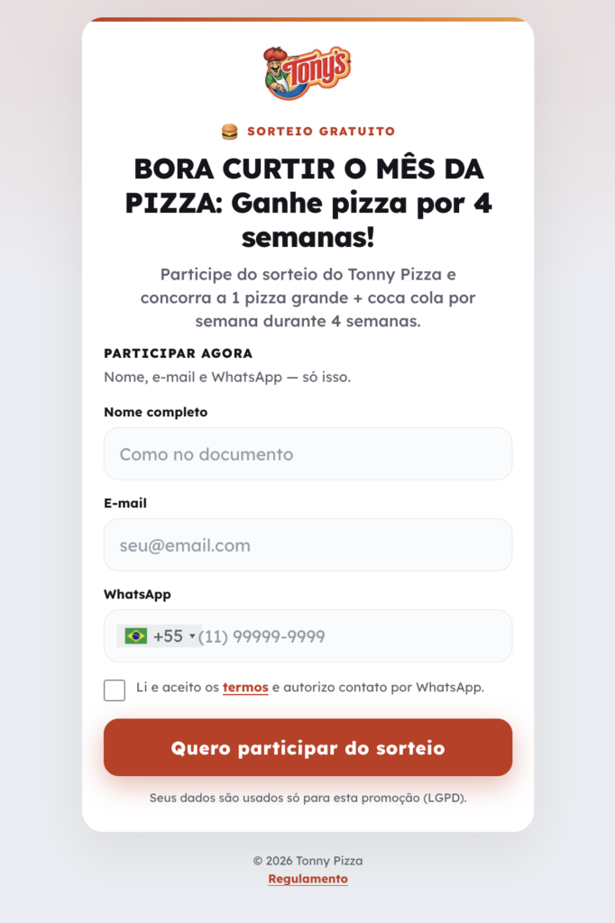 página de captura para campanha de sorteio viral para pizzarias