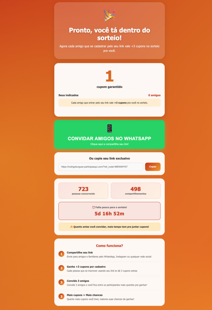 pagina de sorteio viral que incentiva o compartilhamento